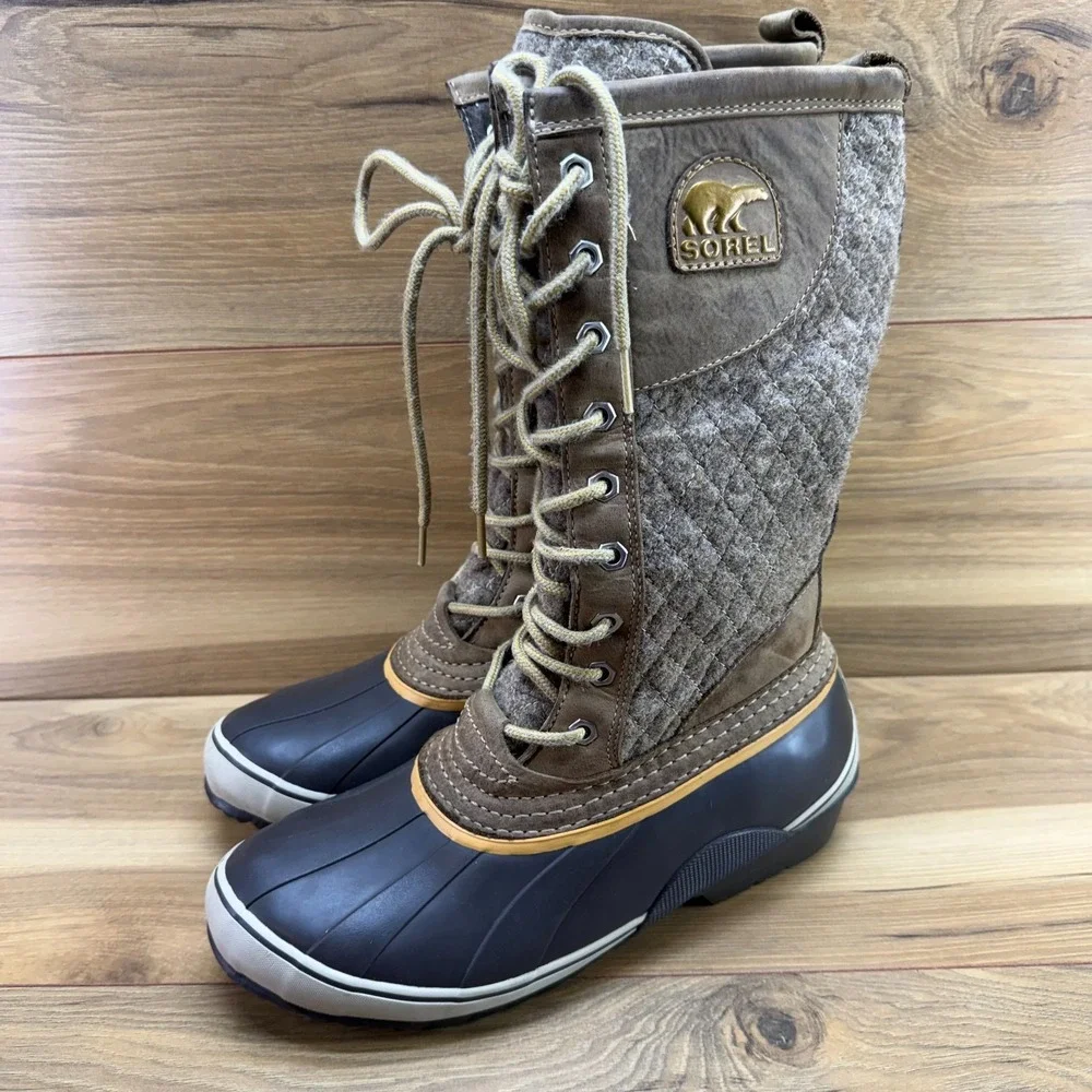 Sorel Sorelli Tall Lace Up Boots Womens 9 Taupe Quilted Wool Snow Boot Gorpcore